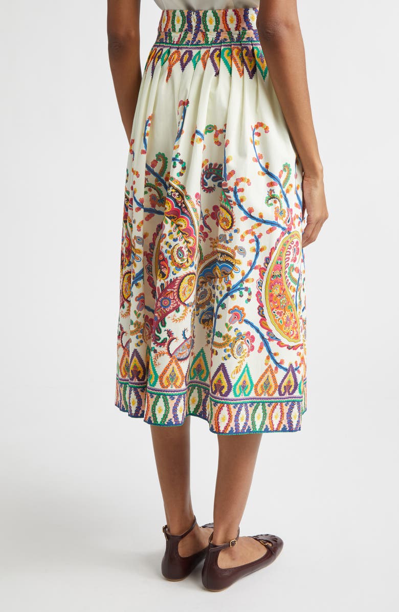 Etro Floral Paisley Pleated Cotton Voile Midi Skirt, Alternate, color, Print On White Base