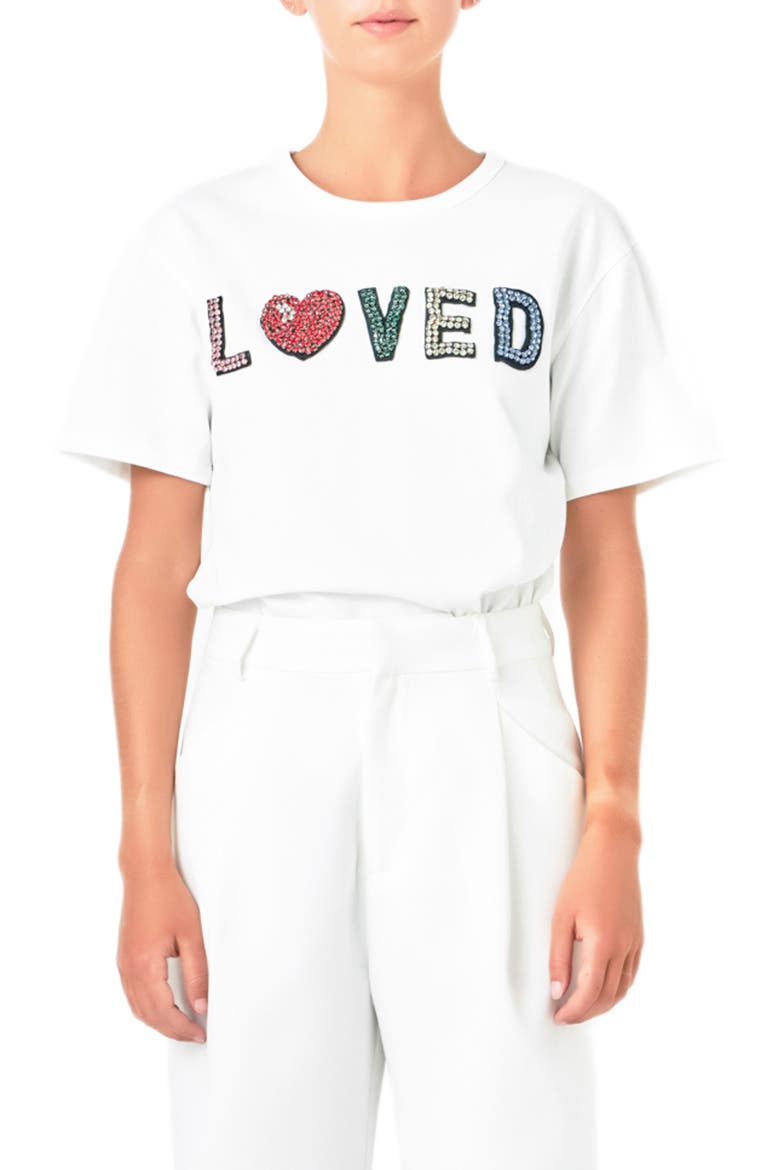 Loved Crystal Appliqué T-Shirt, Main, color, WHITE