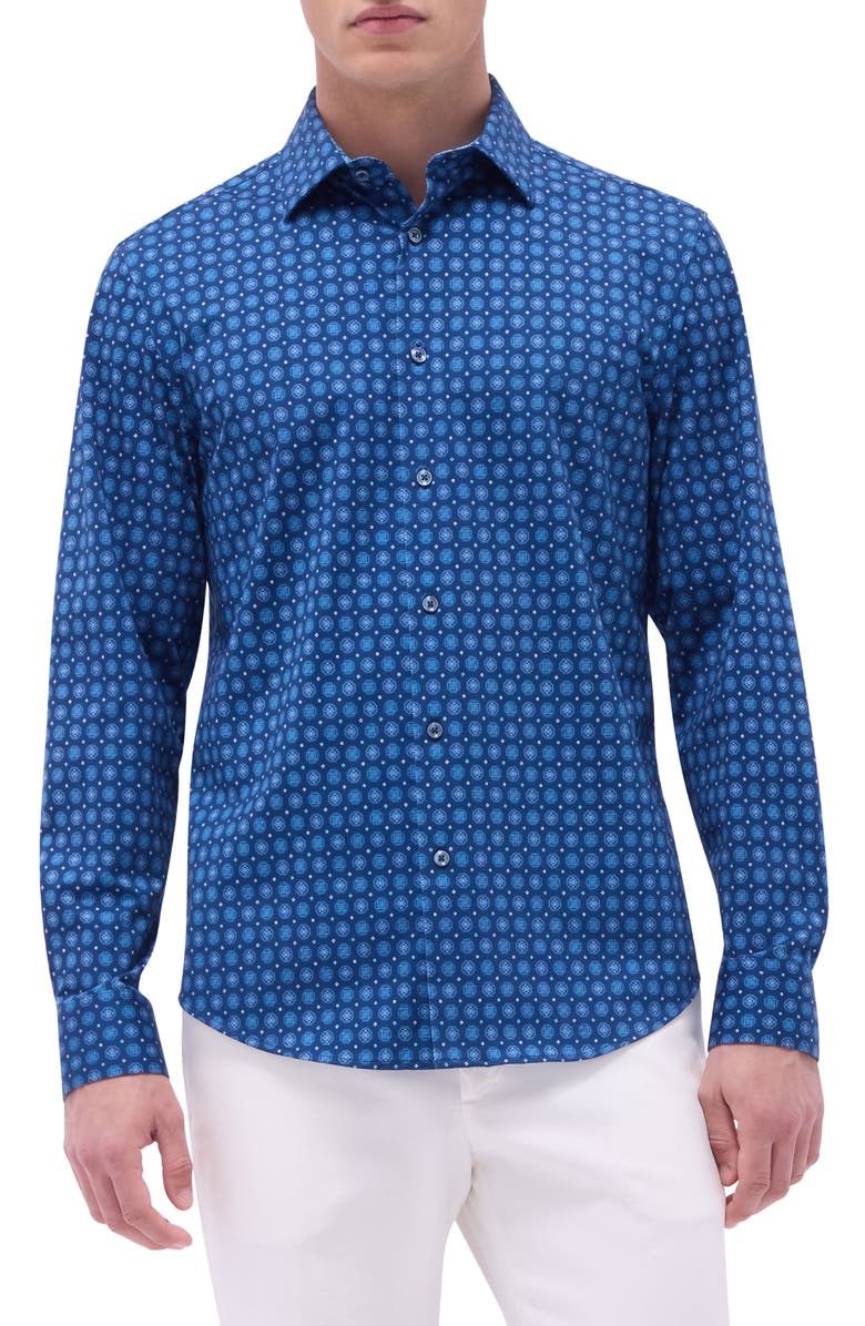 Bugatchi Jimmy OoohCotton<sup>®</sup> Medallion Print Button-Up Shirt, Main, color, Indigo