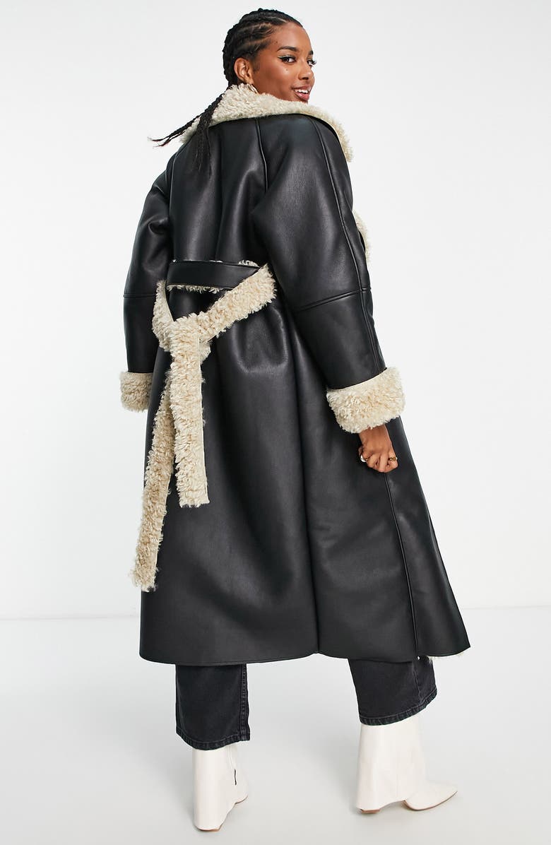 ASOS DESIGN Faux Leather & Faux Shearling Trench Coat, Alternate, color, 