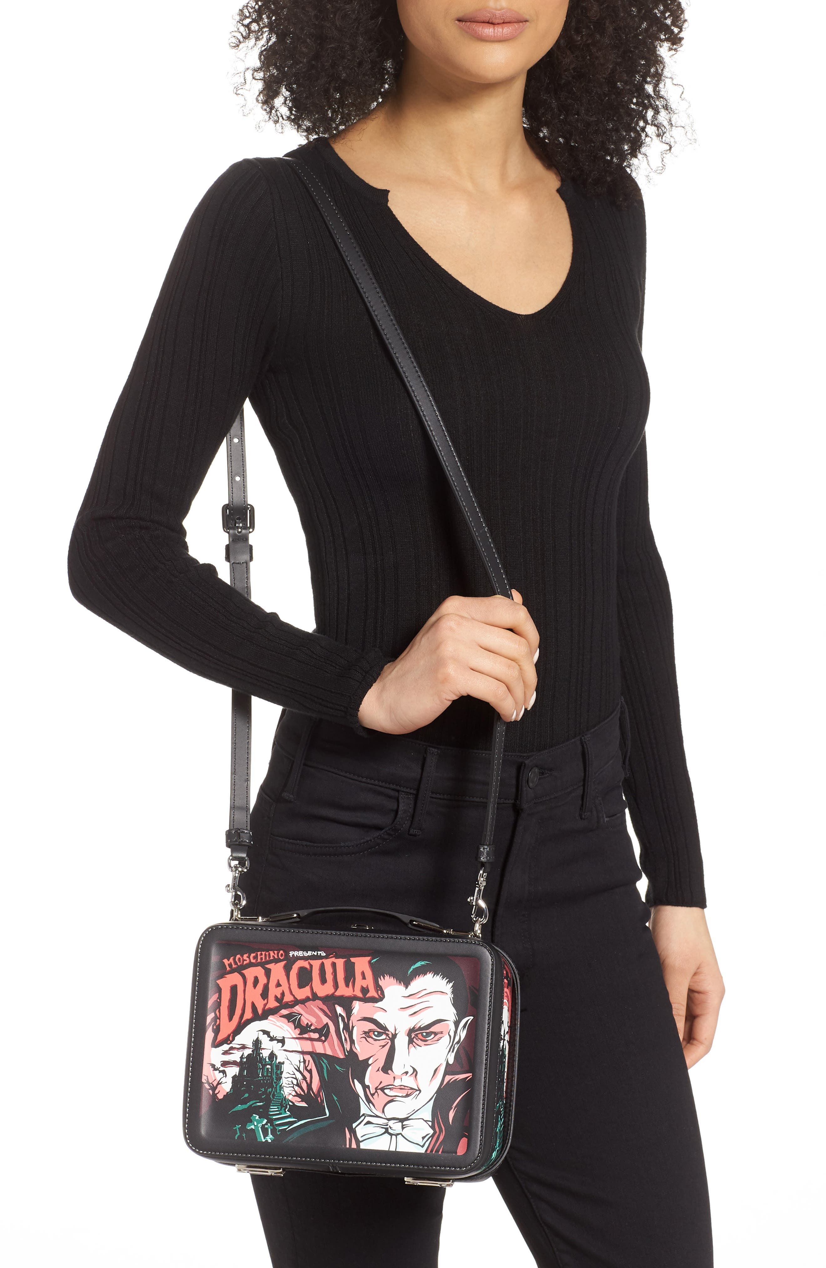 Moschino x Universal Dracula Faux Leather Lunchbox Bag, Alternate, color, Fantasy Print Black