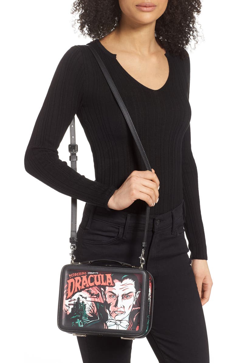 Moschino x Universal Dracula Faux Leather Lunchbox Bag, Alternate, color, Fantasy Print Black