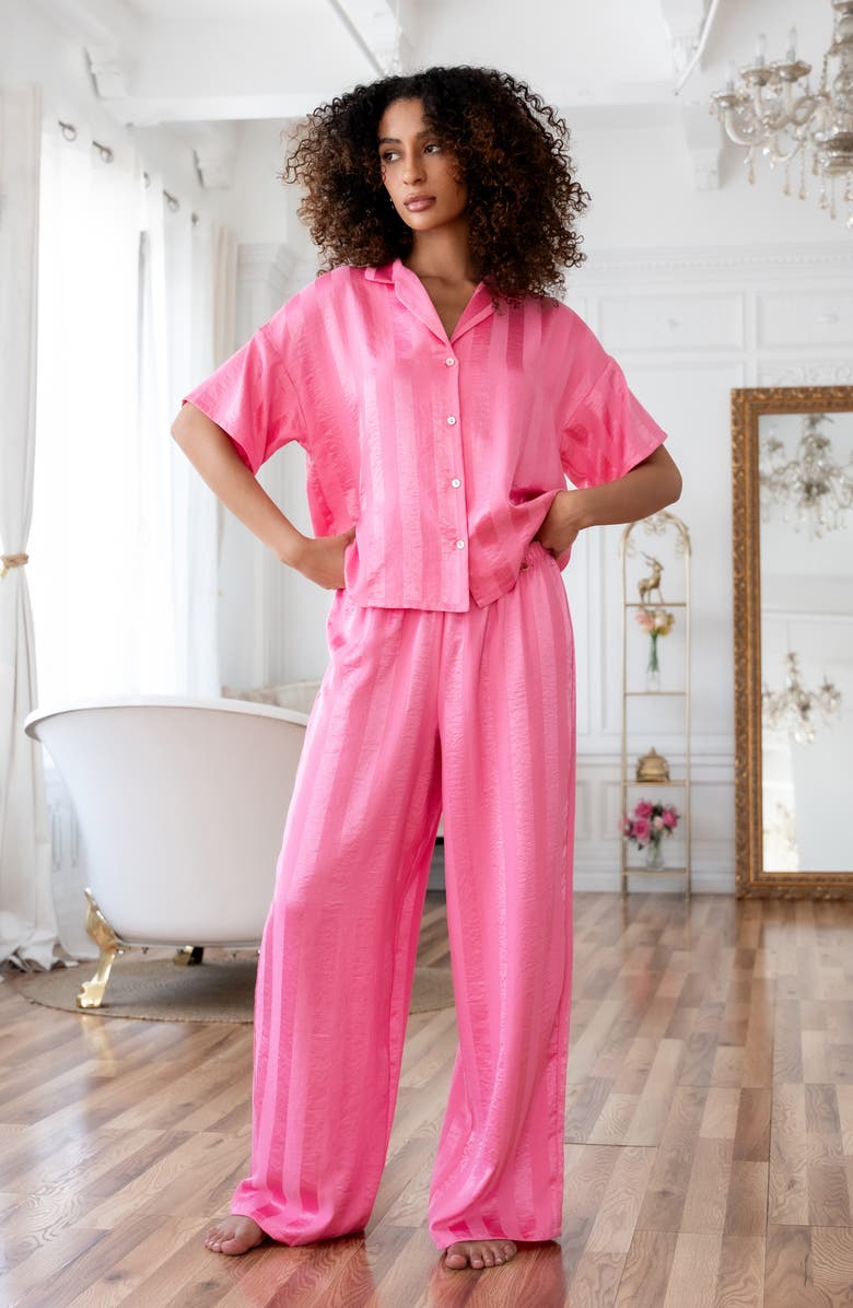 Midnight Bakery Stripe Jacquard Button-Up Top & Pants Pajamas, Alternate, color, Pink
