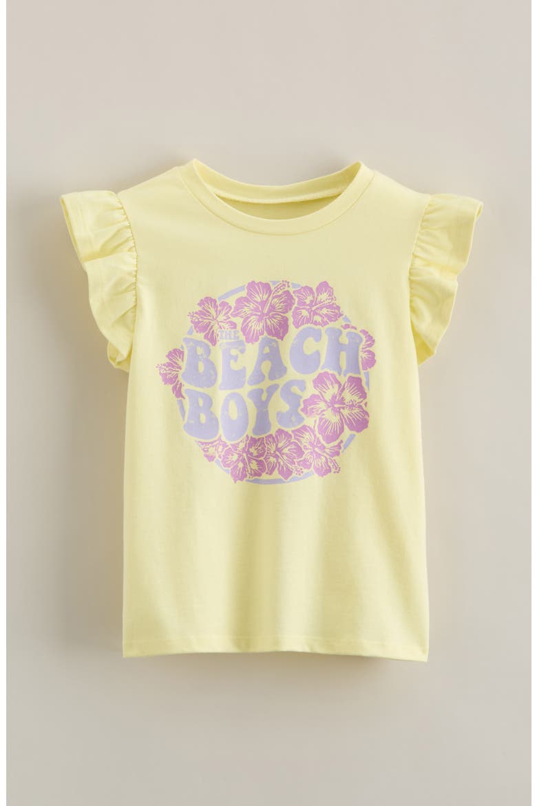 Kids' Flutter Sleeve Cotton Graphic T-Shirt, Main, color, YELLOW CANDLE BEACH BOYS