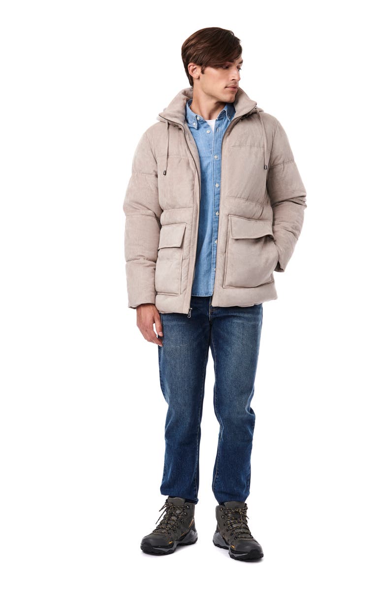 Bernardo Faux Suede Hooded Puffer Jacket, Alternate, color, Stone