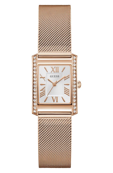 Crystal Bezel Tank Mesh Strap Watch, 17mm x 23mm
