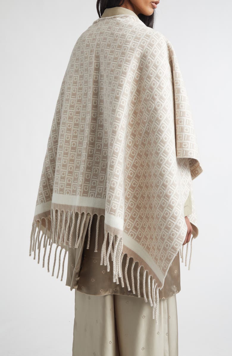FERRAGAMO Gancini Monogram Wool Fringe Cape, Alternate, color, Mascarpone