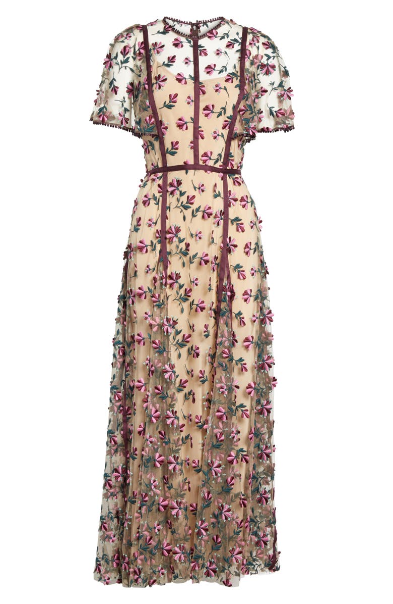 Lela Rose Embroidered Flutter Sleeve Midi Dress, Alternate, color, 