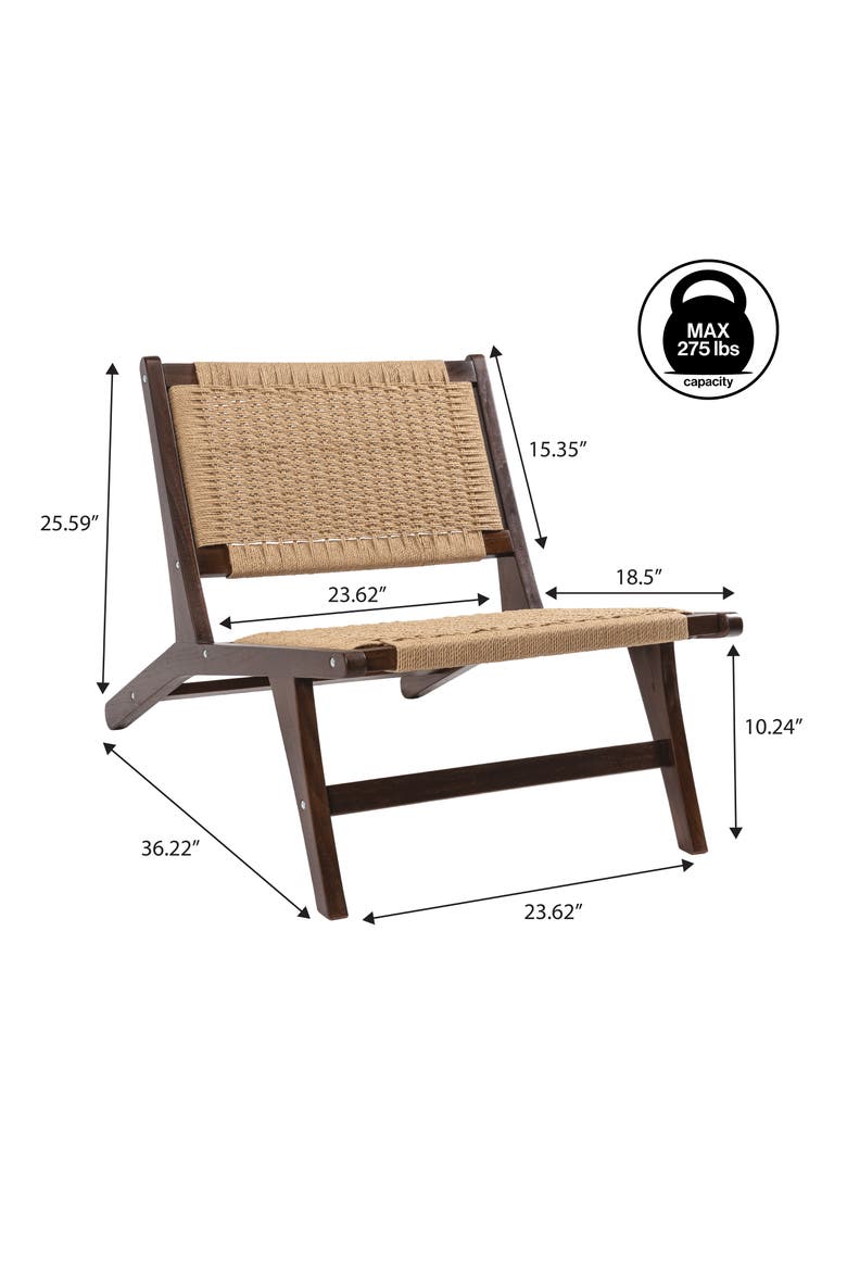 Parker Bohemian Armless Woven Yarn and Solid Indonesian Wood Accent Lounge Chair for Living Room Bedroom, Alternate, color, Dark Brown