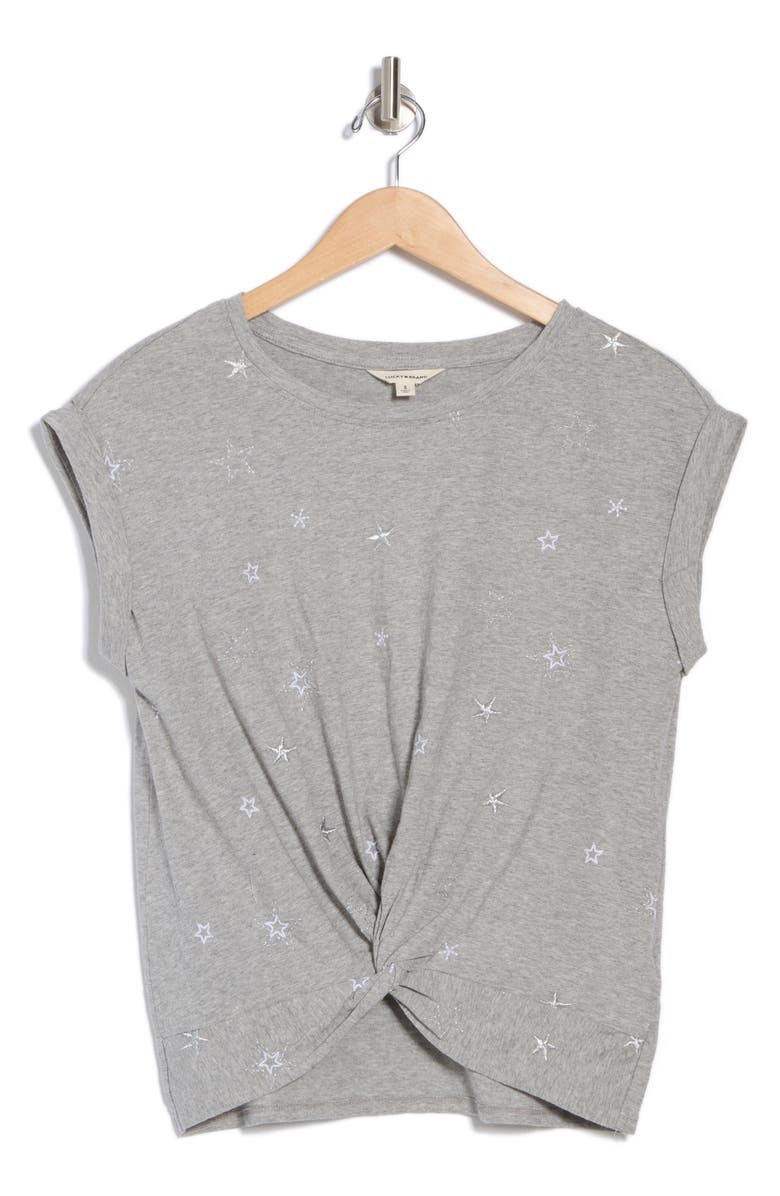 Lucky Brand Star Embroidered Twist Front T-Shirt, Alternate, color, Medium Heather Grey