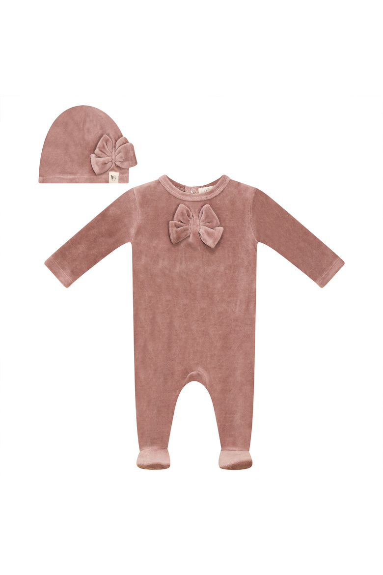 Bow Stitch Ribbed Velour Romper with Matching Hat, Main, color, Rose