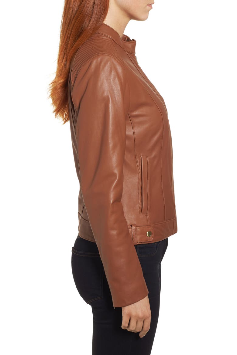 Cole Haan Leather Moto Jacket, Alternate, color, COGNAC