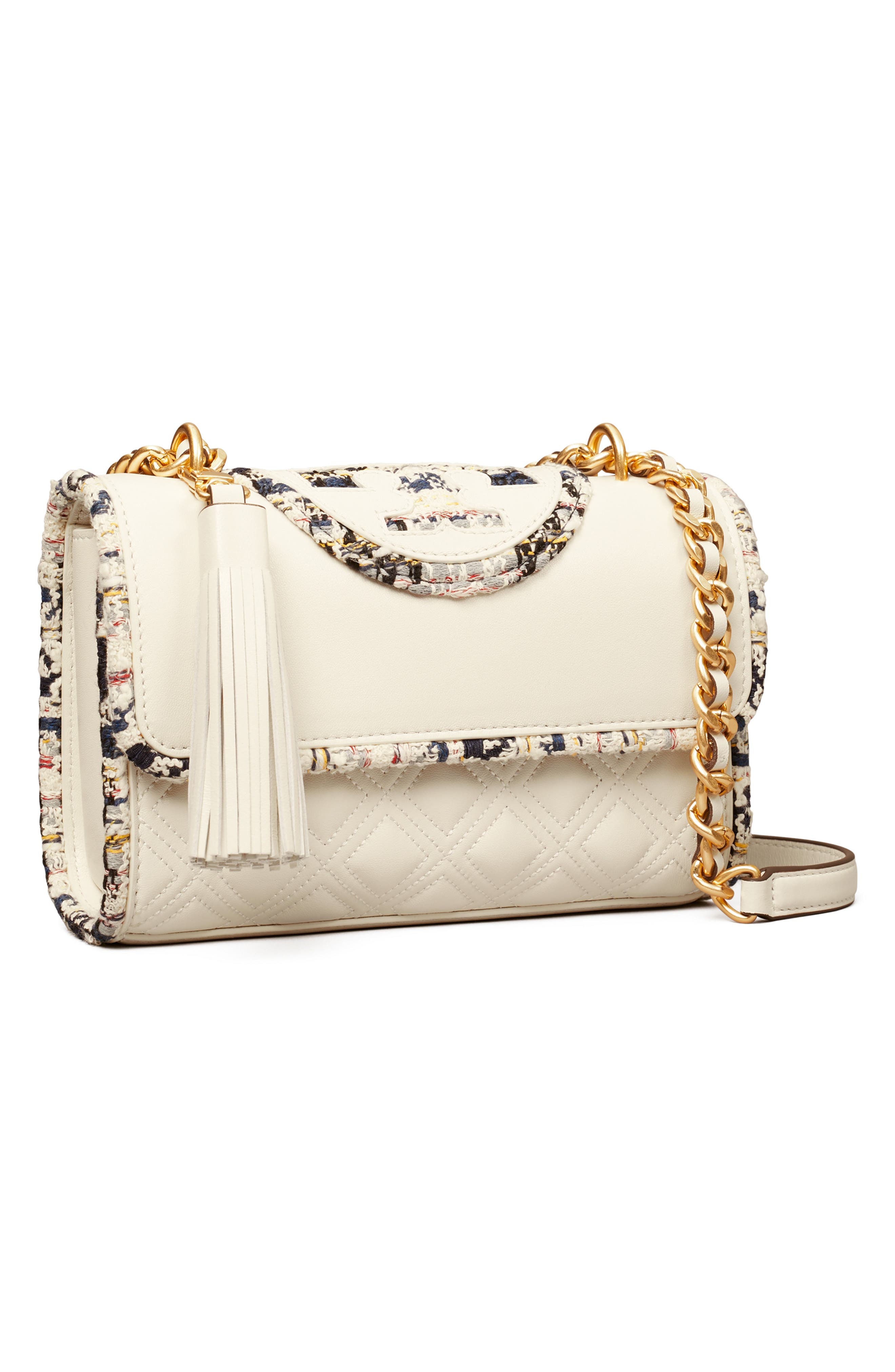 Tory Burch Small Fleming Convertible Leather & Tweed Shoulder Bag, Alternate, color, 