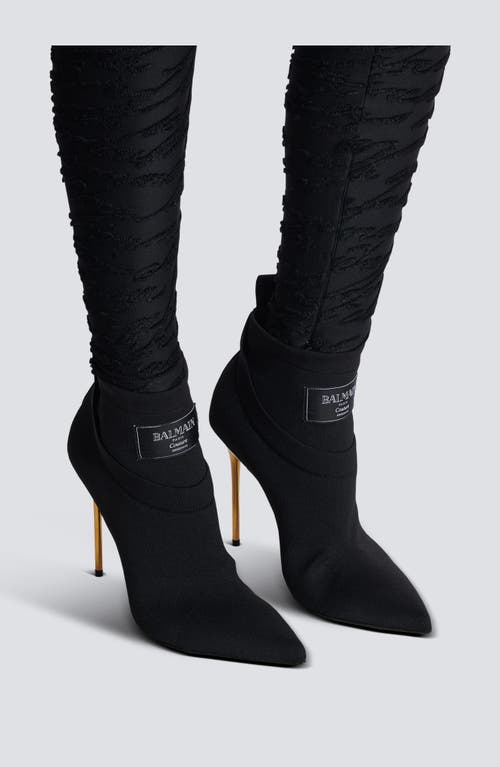 Balmain Black Stretch Knit Ankle Boots With Gold Lacquered Stiletto Heel In Black