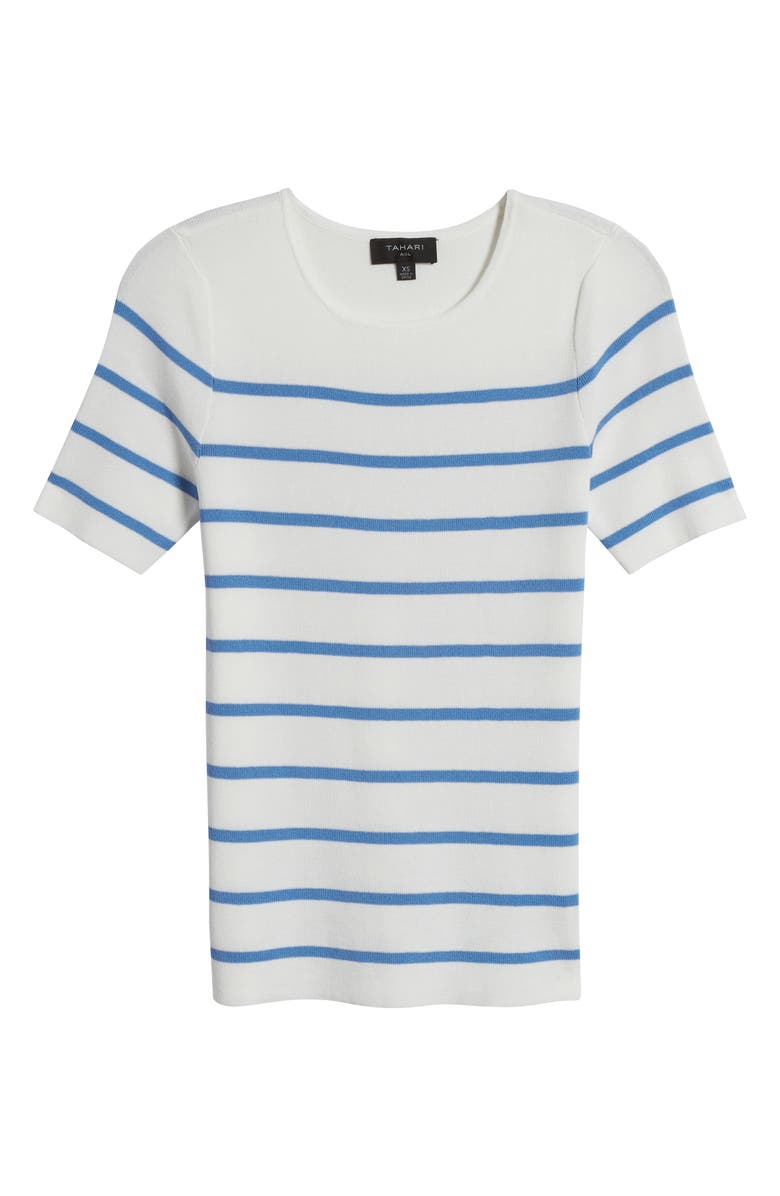 Tahari ASL Stripe Short Sleeve Sweater, Alternate, color, Ivory Summer Sky