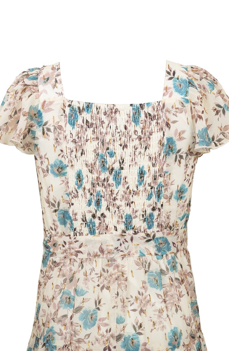 Zunie Kids' Metallic Flutter Sleeve Chiffon Party Dress, Alternate, color, Ivory/ Teal