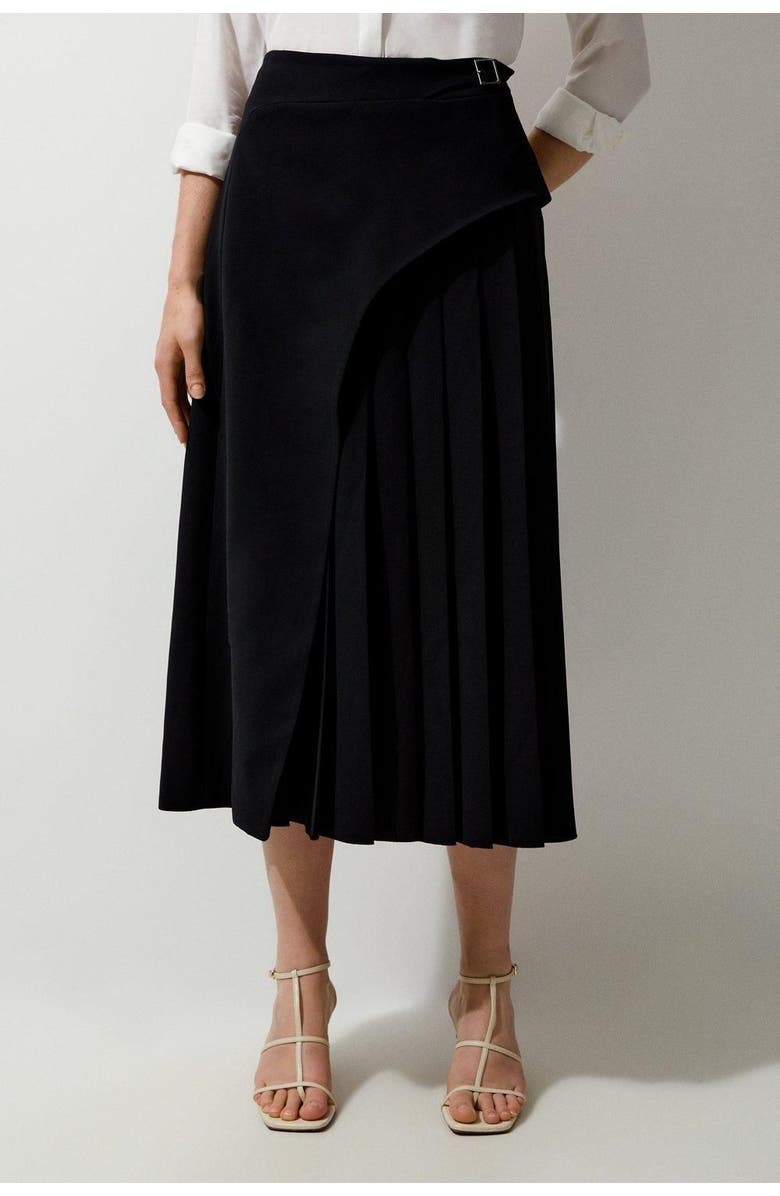 Karen Millen Buckle Detail Pleated Midi Skirt, Main, color, Black