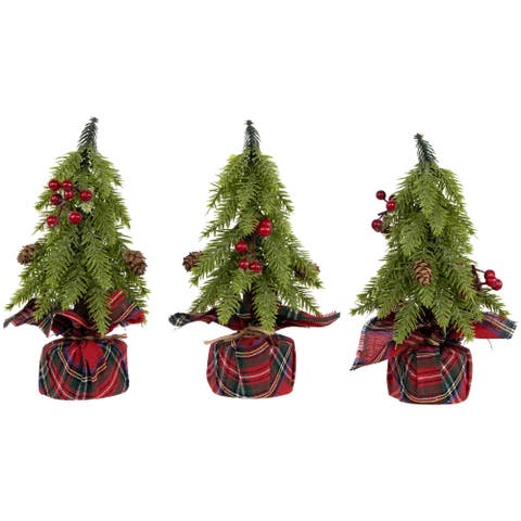 Mini Downswept Pine Artificial Christmas Trees with Pine Cones - 9" - Set of 3