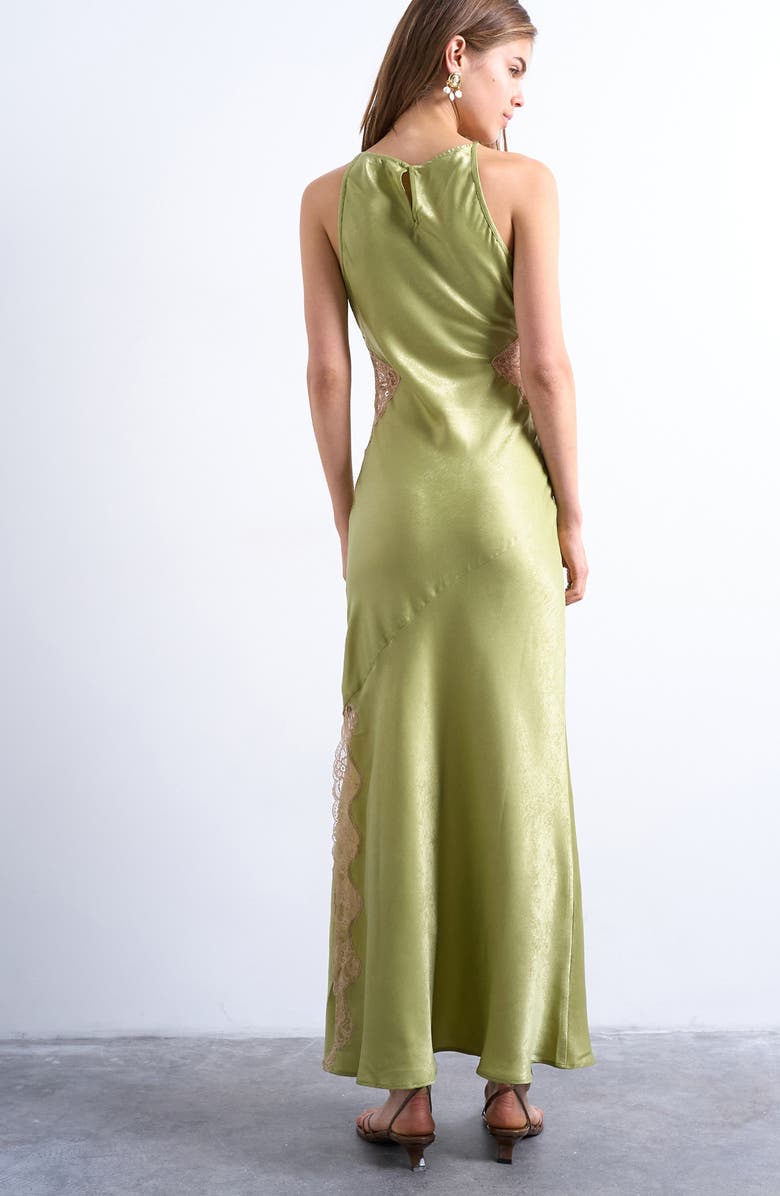 Topshop Lace Inset Sleeveless Satin Midi Dress, Alternate, color, Avocado