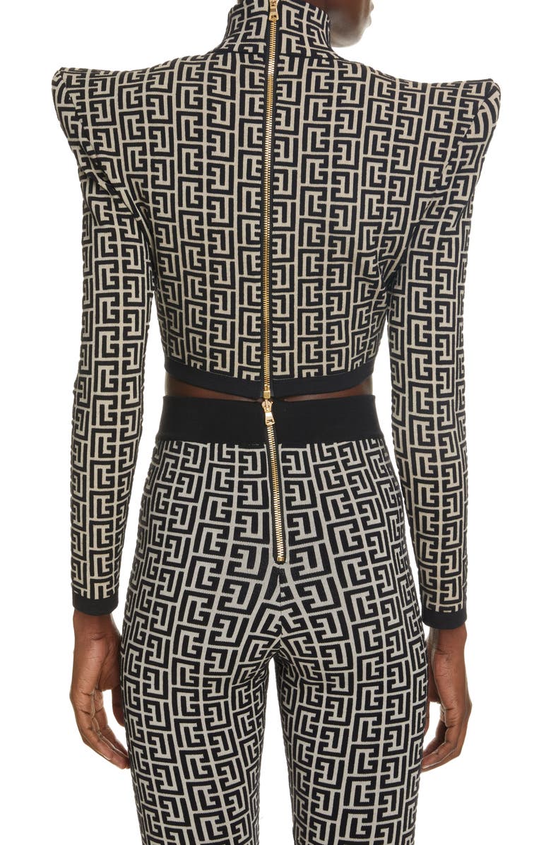 Balmain Monogram Jacquard Crop Top, Alternate, color, 