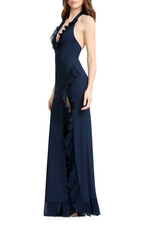 Dress The Population Kathleen Ruffle Halter Gown With Train In Blue