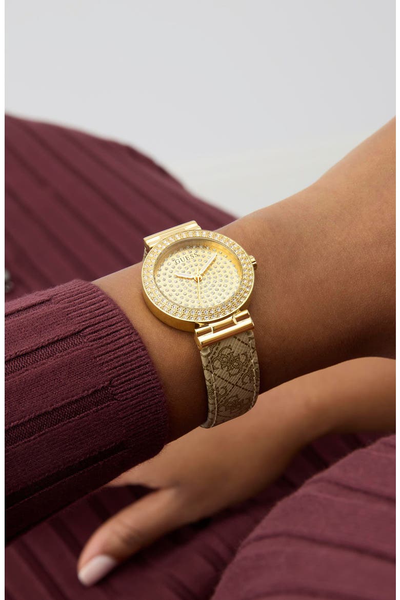 Goldtone & Crystal Logo Leather Strap Watch, 32mm, Alternate, color, BEIGE