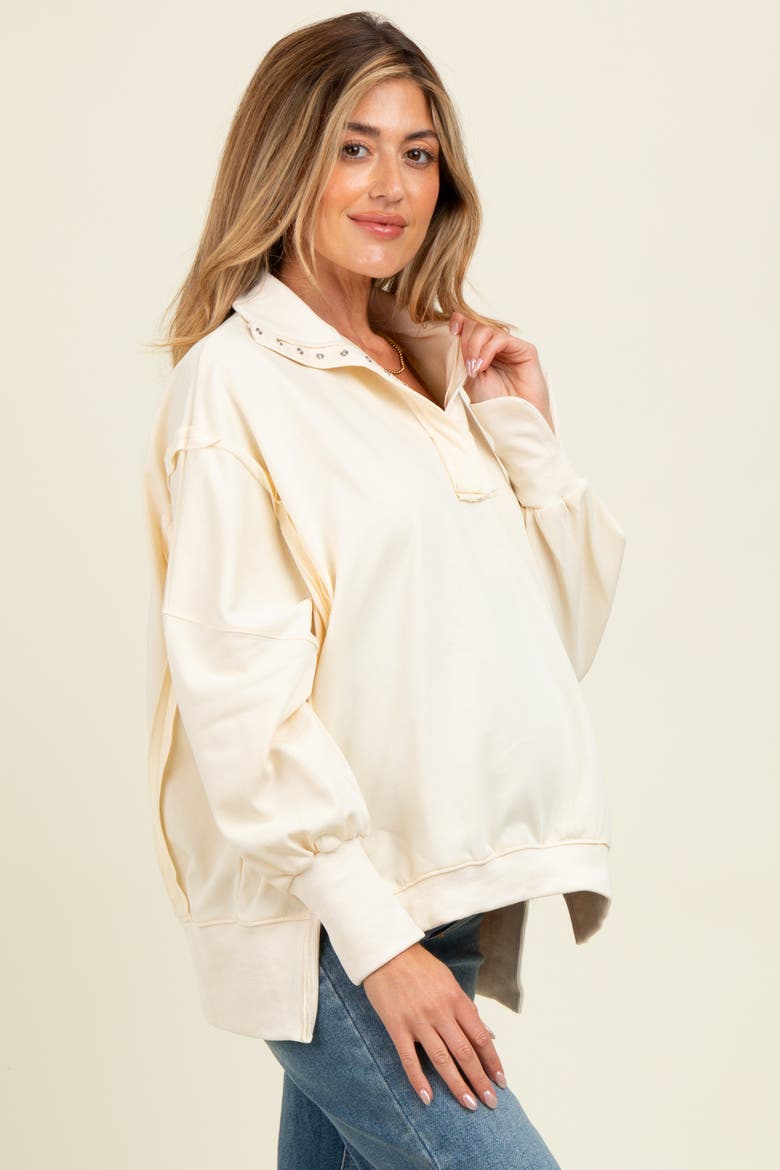 Snap Button Pullover Henley Sweatshirt, Alternate, color, Cream