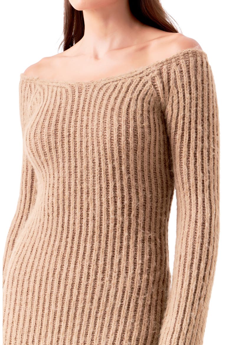 Long Sleeve Off the Shoulder Rib Midi Sweater Dress, Alternate, color, CAMEL