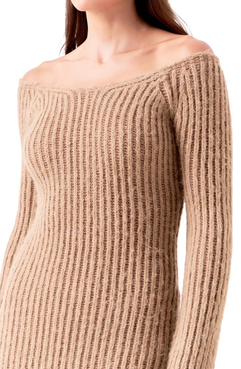 Endless Rose Long Sleeve Off the Shoulder Rib Midi Sweater Dress, Alternate, color, Camel