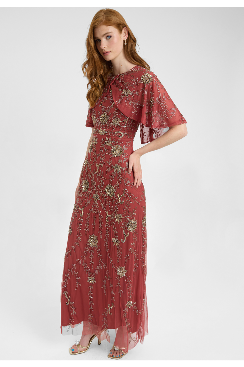 Embellished Sequin Beaded Maxi Dress With Round Neckline With Cape-Style Short Sleeves, Alternate, color, RUST