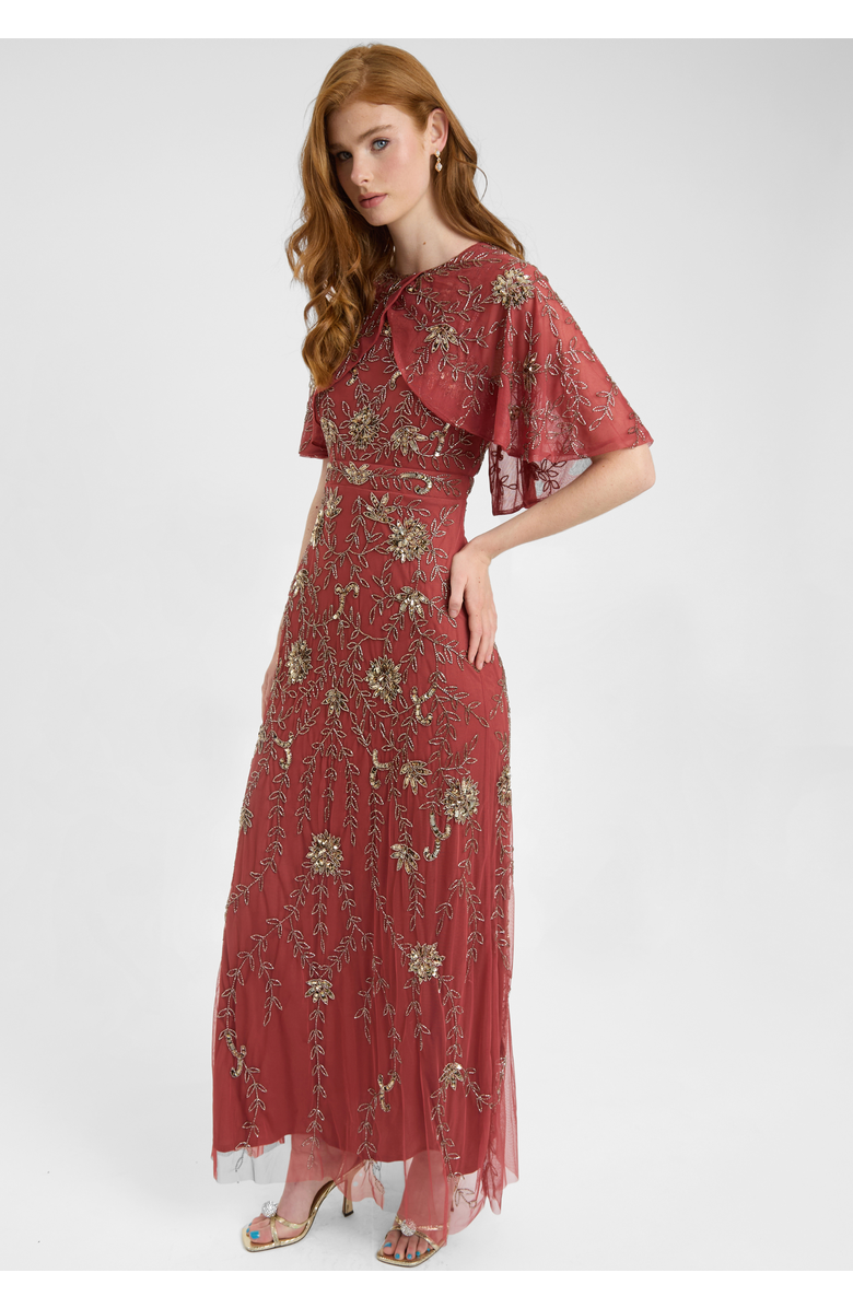 BEAUUT Embellished Sequin Beaded Maxi Dress With Round Neckline With Cape-Style Short Sleeves, Alternate, color, Rust