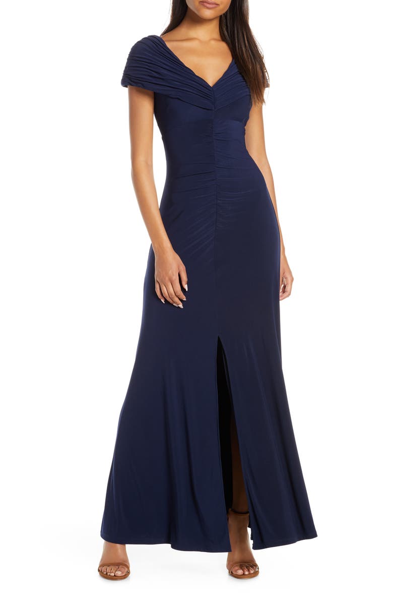 Vince Camuto Portrait Collar Ruched Evening Gown, Main, color, 