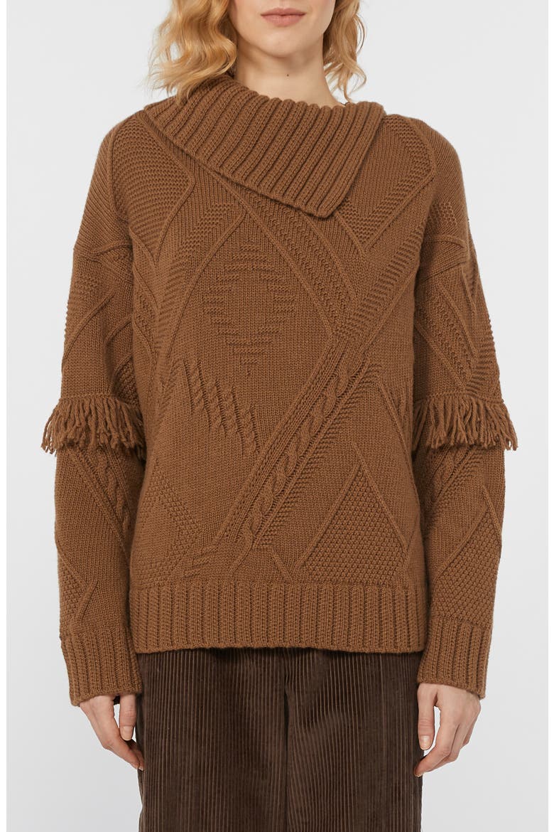 Mastro Fringe & Cable Detail Virgin Wool Sweater, Main, color, HAZELNUT BROWN