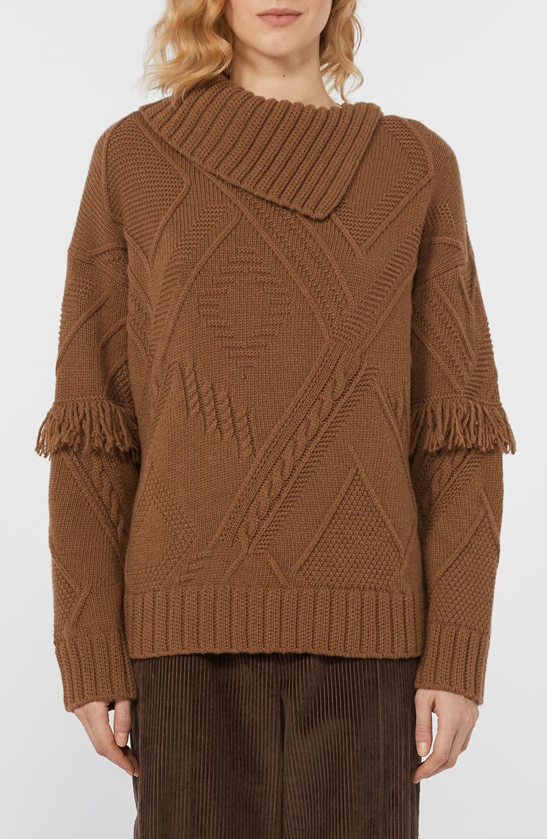 Weekend Max Mara Mastro Fringe & Cable Detail Virgin Wool Sweater, Main, color, Hazelnut Brown