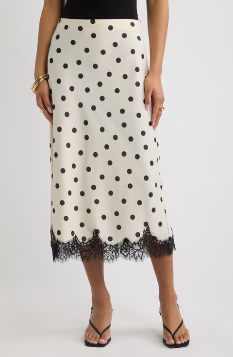 Lace Trim Satin Midi Skirt