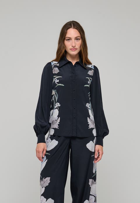 Umasdea Silk Floral Balloon Sleeve Shirt