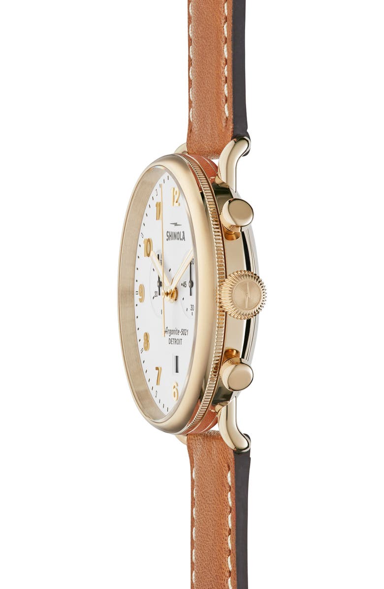 Shinola The Canfield Chrono Leather Strap Watch, 43mm, Alternate, color, Tan/ White/ Gold
