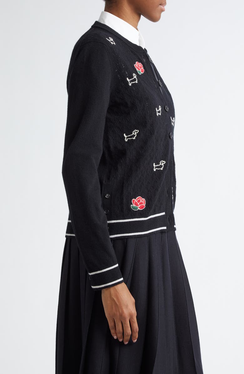 Thom Browne Embroidered Hector & Rose Virgin Wool Crewneck Cardigan, Alternate, color, 