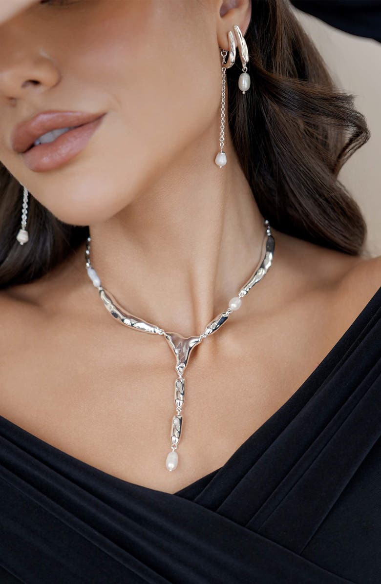 Ettika Linear Luxe Cultured Pearl Front/Back Earrings, Alternate, color, Silver