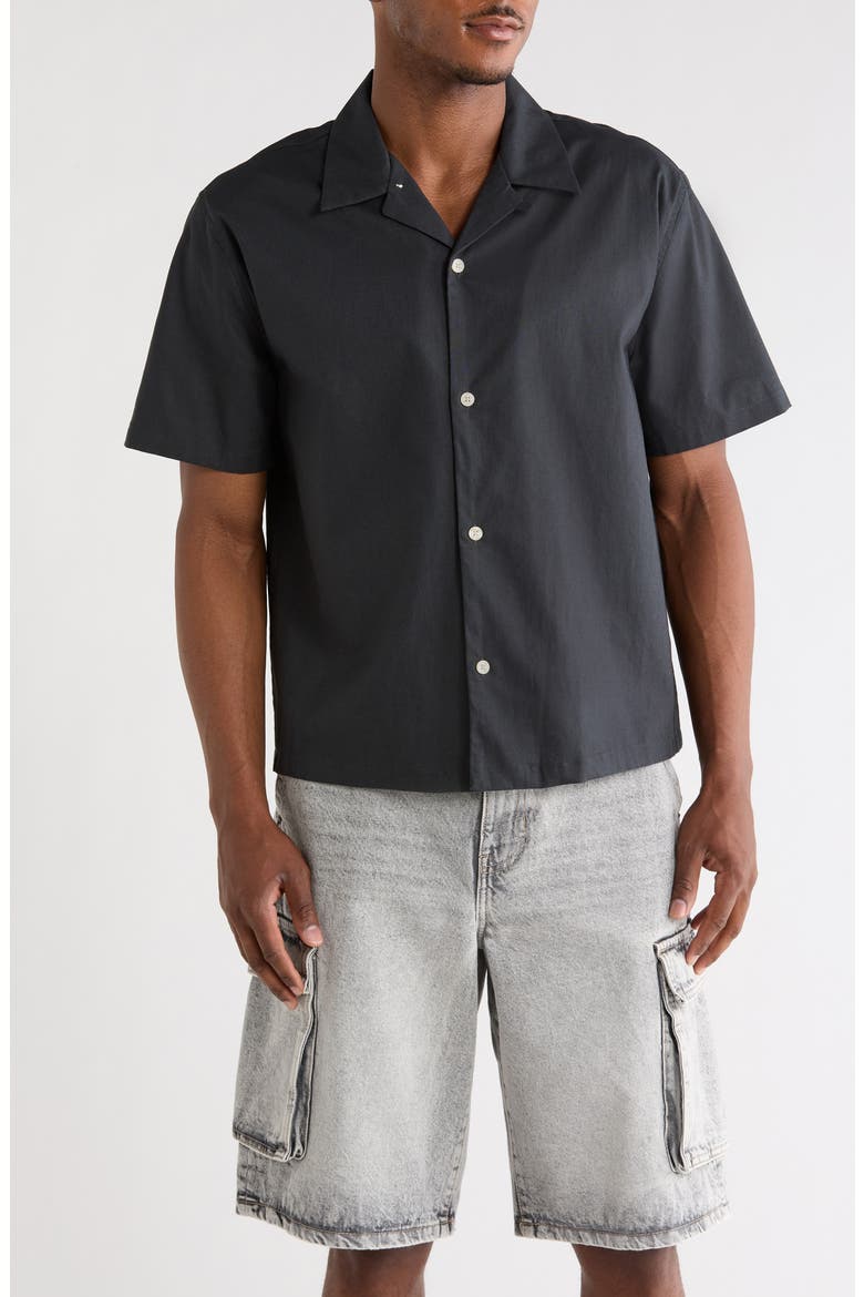 Elai Solid Cotton & Linen Camp Shirt, Main, color, BLACK