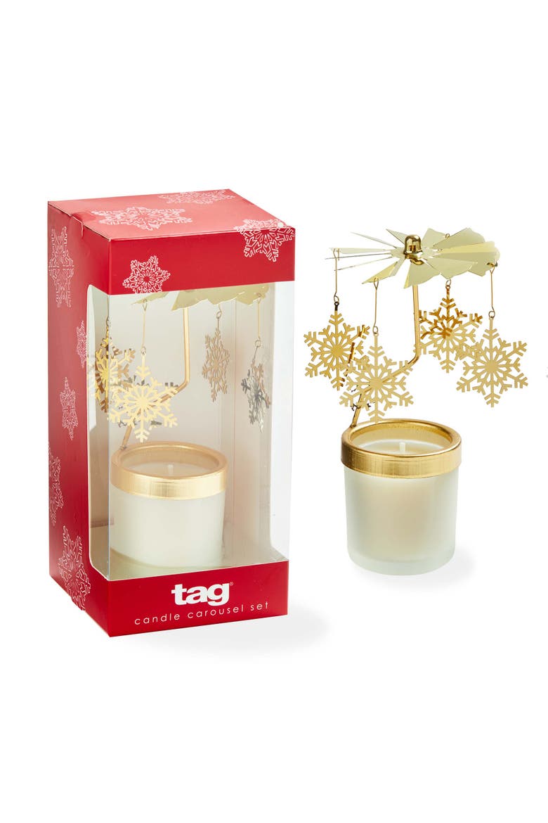 Cedar Fireplace Snowflake Carousel Candle Set of 2 Metal, Main, color, Gold