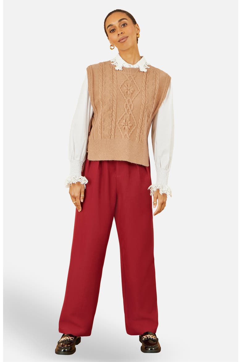 Floral Cable Knit Side Tie Pullover, Alternate, color, Camel