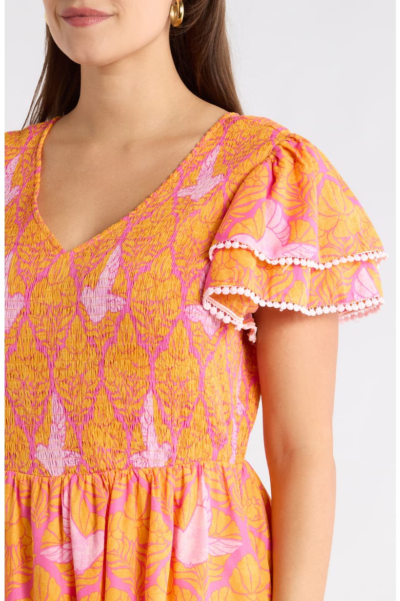 Jaidy Floral Patte Tiered Midi Dress, Alternate, color, ORANGE-PINKS-MULTI