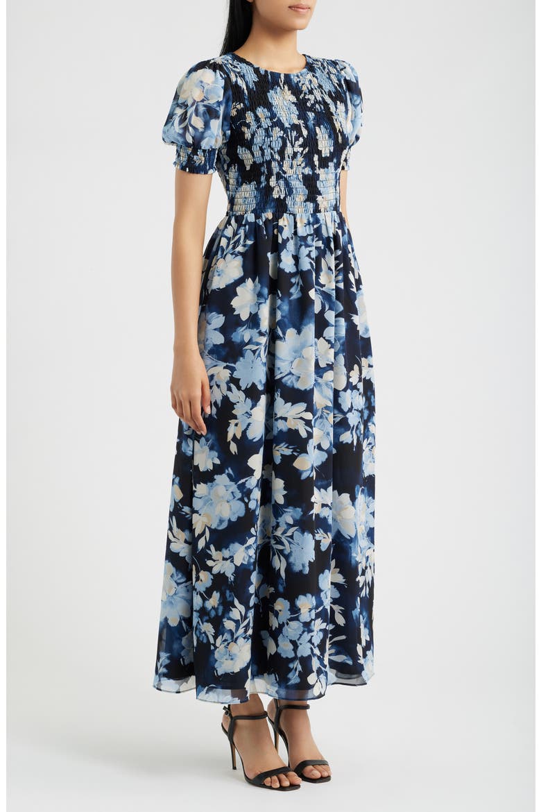 Smocked Puff Sleeve Maxi Dress, Alternate, color, DUTCH BLUE MULTI