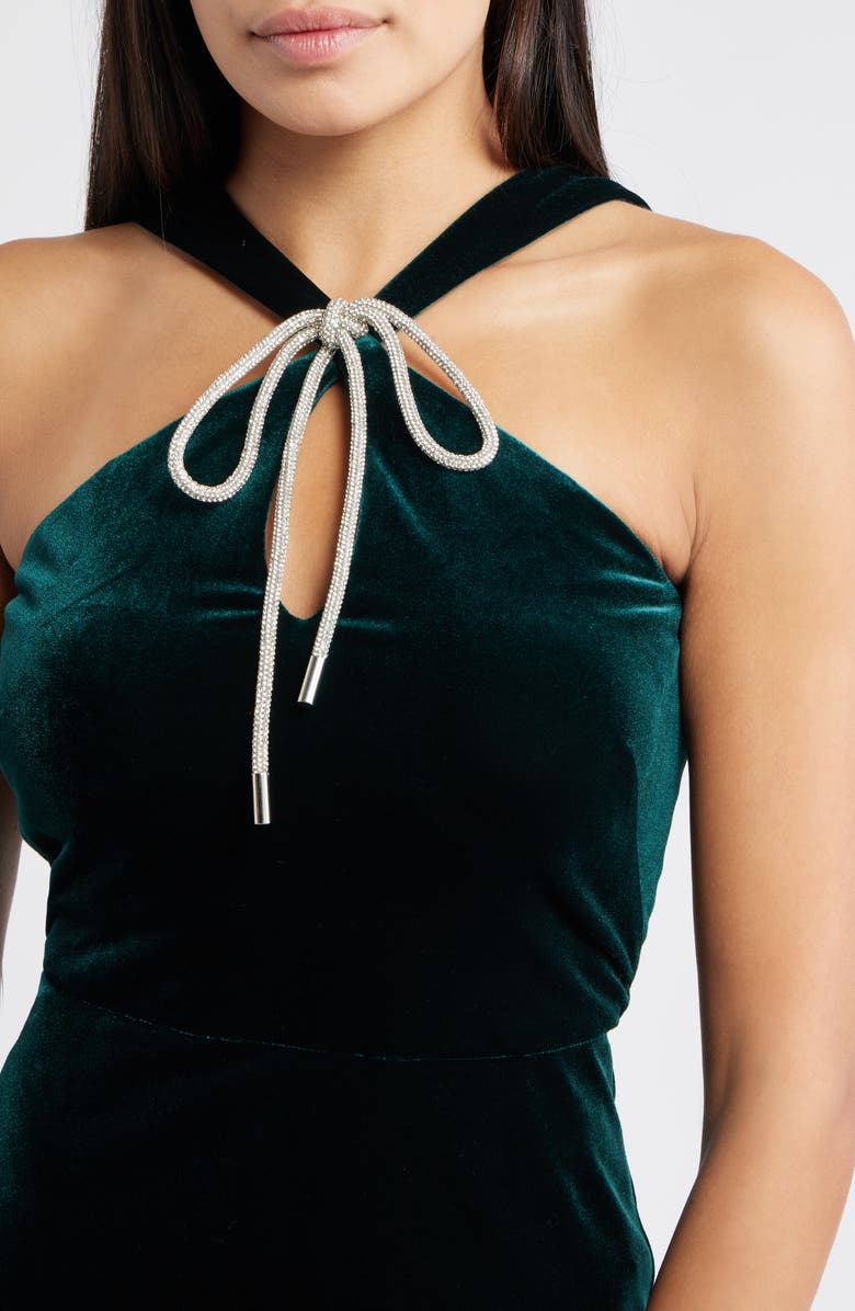 Eliza J Bow Halter Neck Velvet Gown, Alternate, color, Hunter