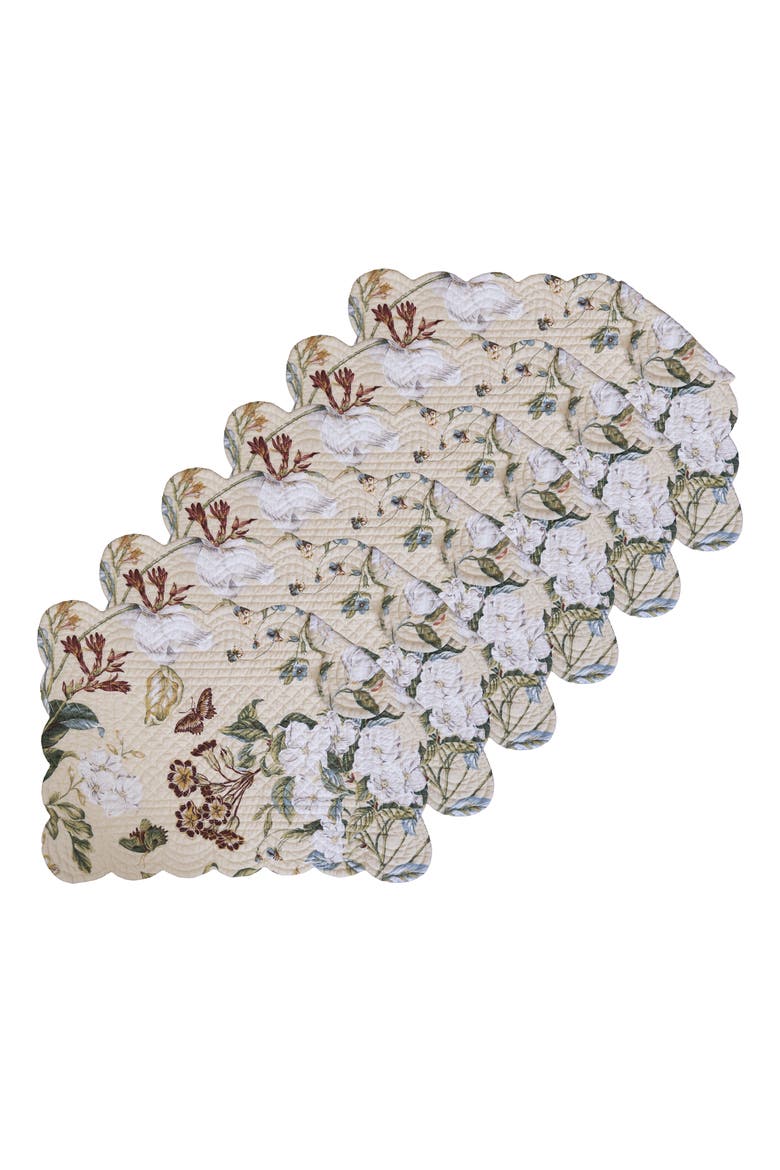 Flower Garden Butterflies 100% Cotton Set of 6 Placemats 13" x 19", Main, color, Beige