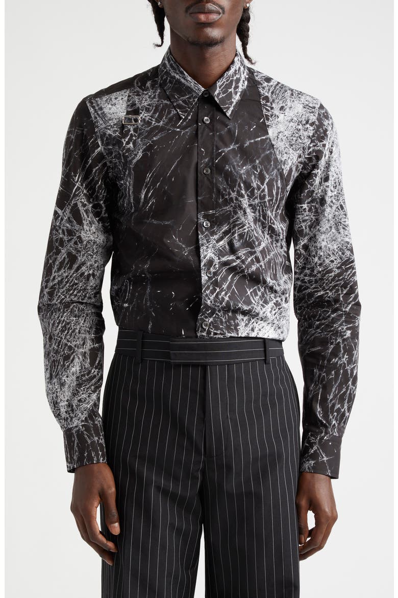 Harness Smashed Screen Print Button-Up Shirt, Main, color, BLACK