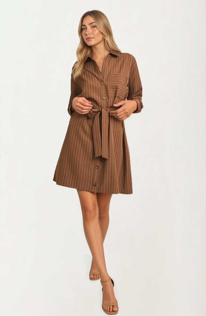 Knit and Lounge Striped Button-Front Waist-Tie Shirt Dress, Alternate, color, 