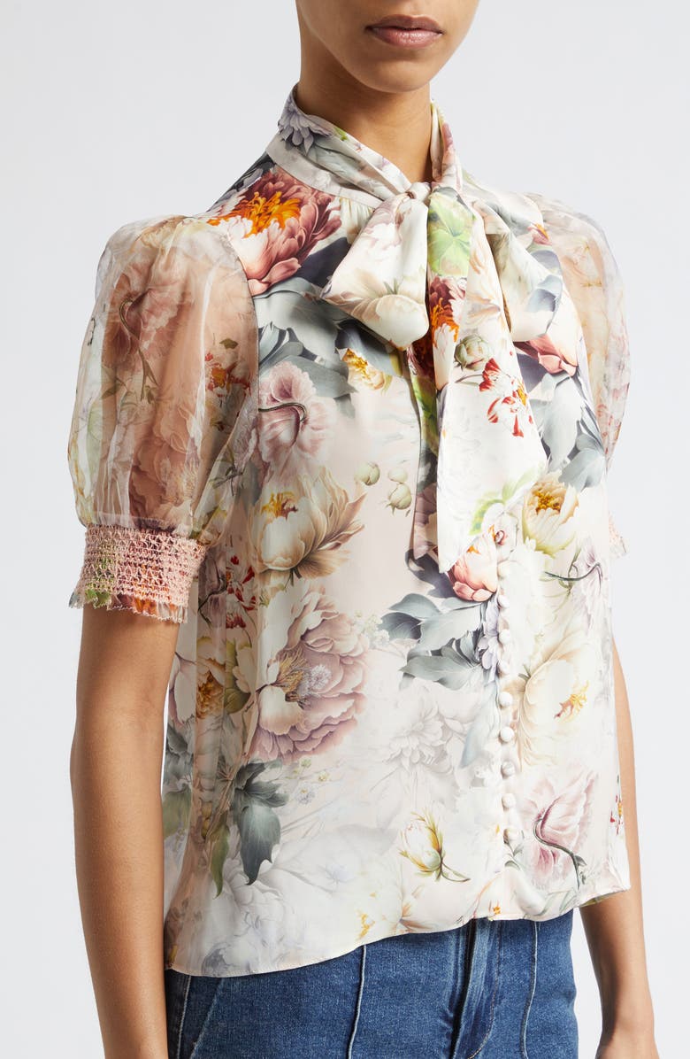 Alice + Olivia Brentley Floral Tie Neck Button-Up Top, Alternate, color, Sweet Peony