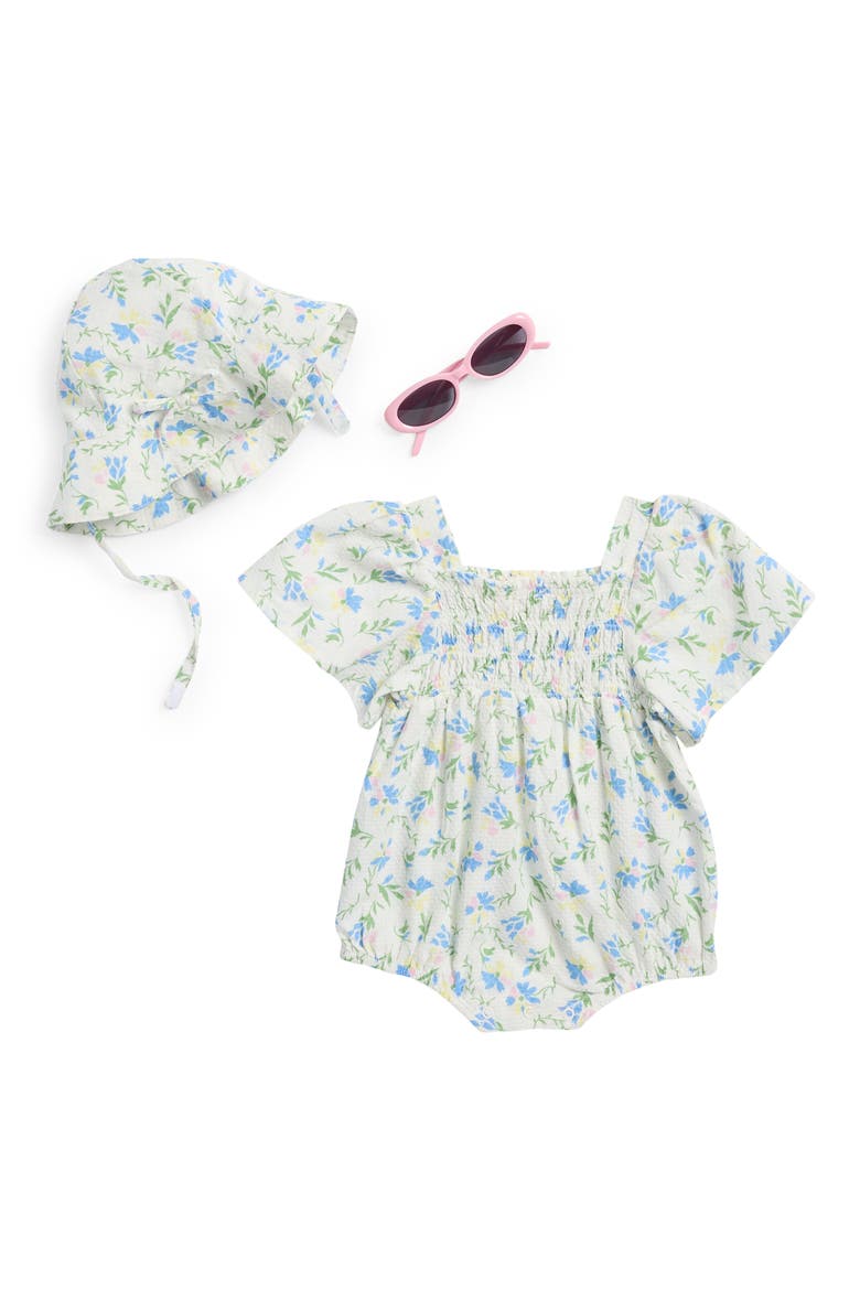 Flutter Sleeve Romper, Floppy Hat & Sunglasses Set, Main, color, MULTI IVORY
